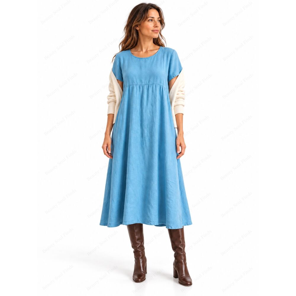 Louise Loubatieres 100% Linen Blue Midi Dress Size M/L Made in Australia